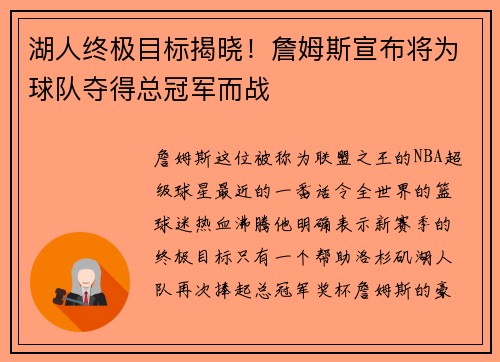 湖人终极目标揭晓！詹姆斯宣布将为球队夺得总冠军而战