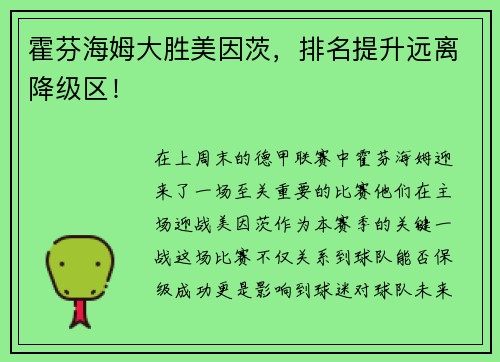 霍芬海姆大胜美因茨，排名提升远离降级区！