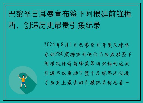 巴黎圣日耳曼宣布签下阿根廷前锋梅西，创造历史最贵引援纪录