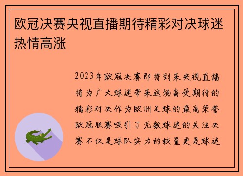 欧冠决赛央视直播期待精彩对决球迷热情高涨