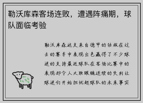 勒沃库森客场连败，遭遇阵痛期，球队面临考验